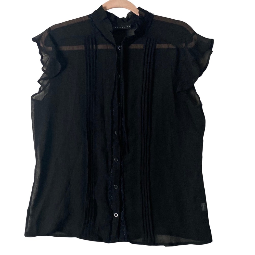 Apostrophe Women Black Sheer Chiffon Ruffle Neck Pintuck Cap Sleeve Blouse